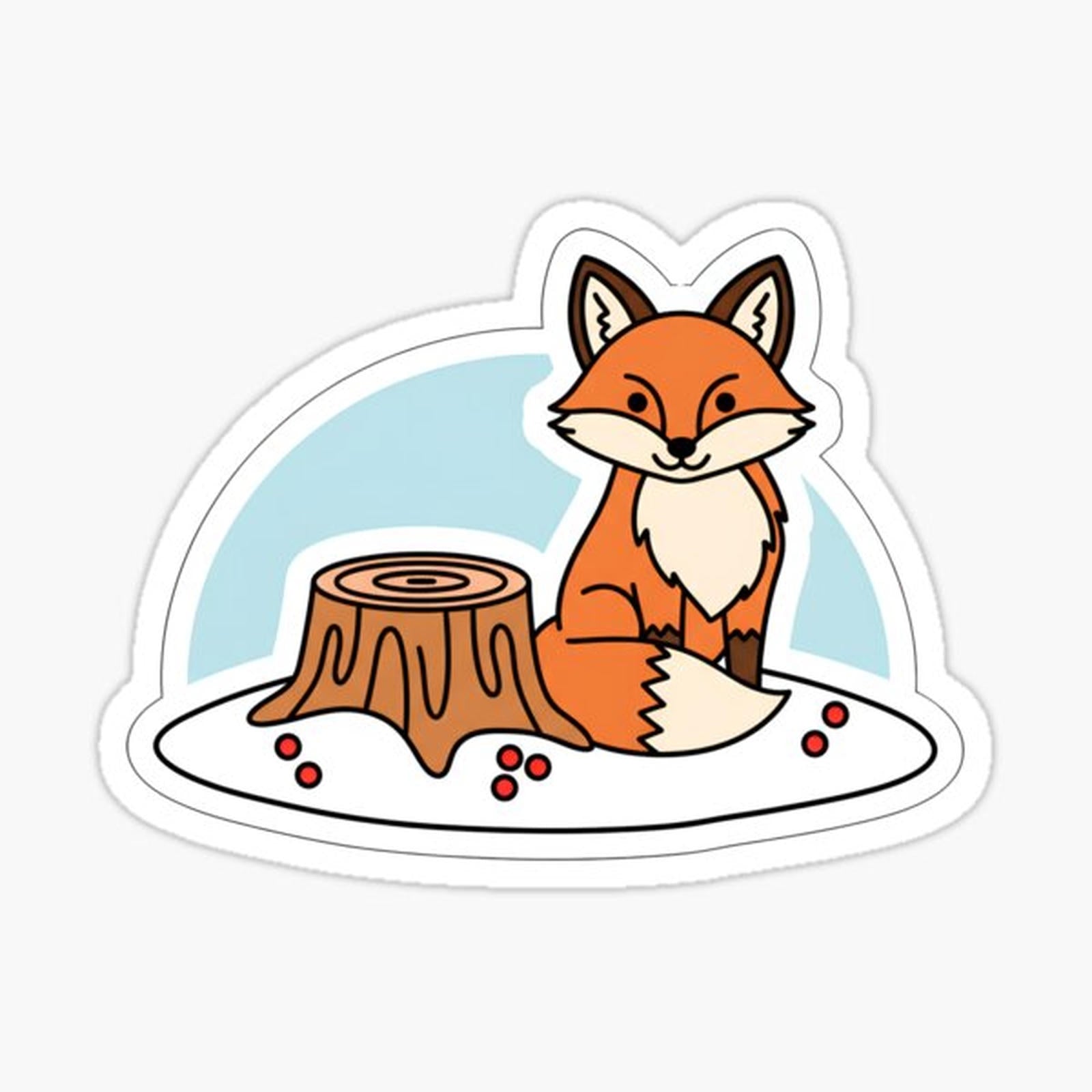 Cute Fox & Tree Stump in Snow _ Kawaii Winter Animal Sticker
