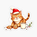Cute orange kitten in a red santa hat enjoying cookies and milk on a winter day