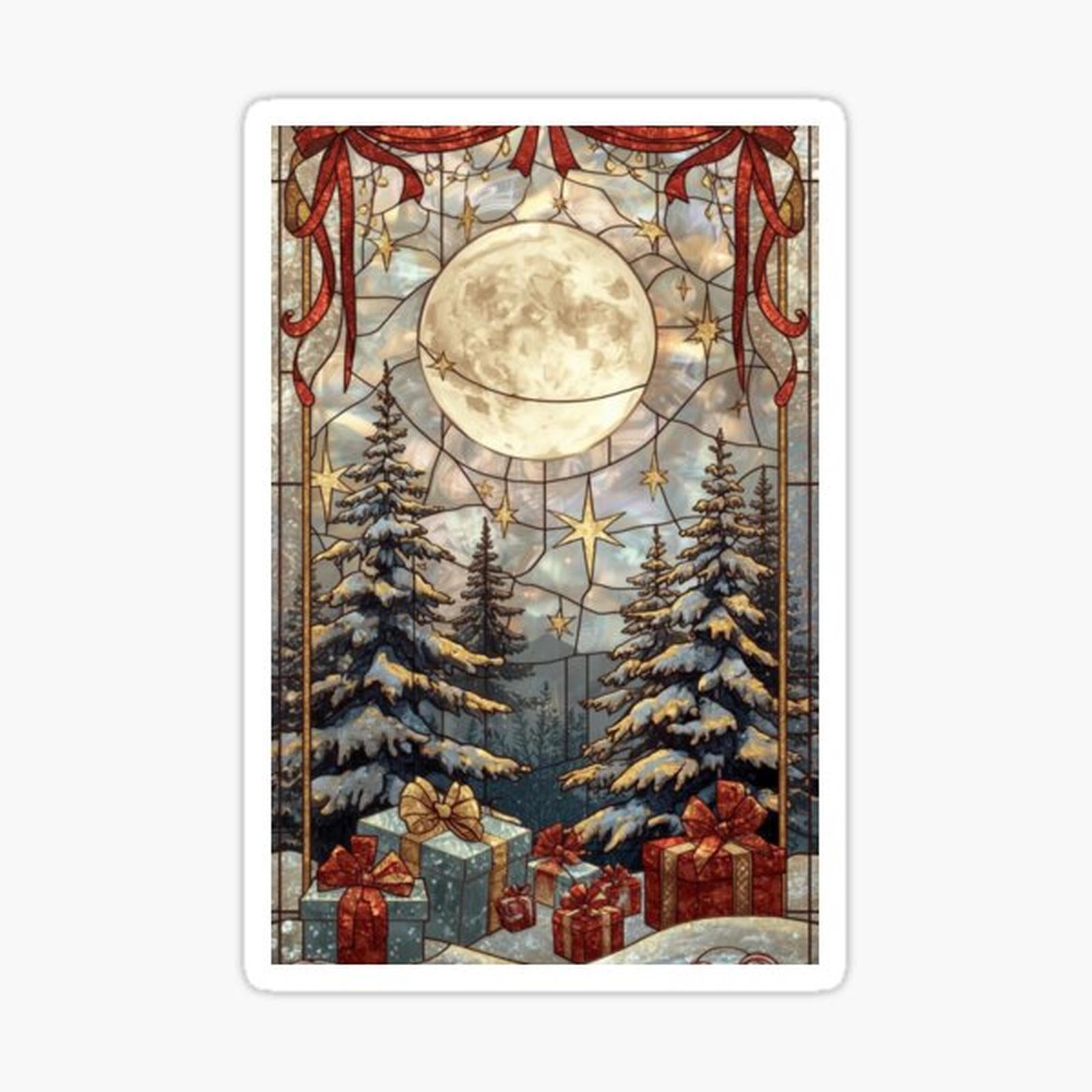 Full moon and gifts under snowy pines