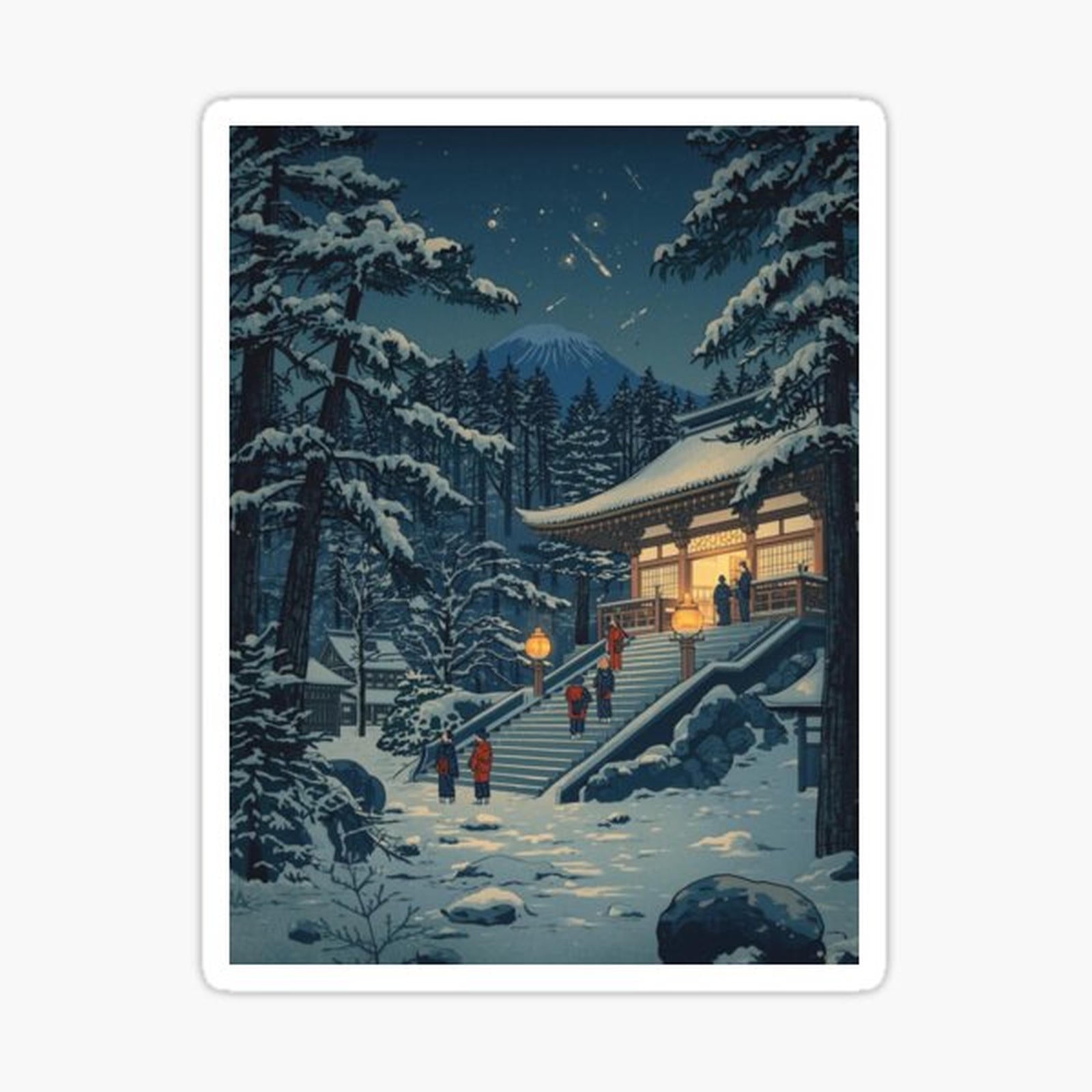 Lanterns Through the Pines – Japanese Ukiyo-e Mountain Temple Scene