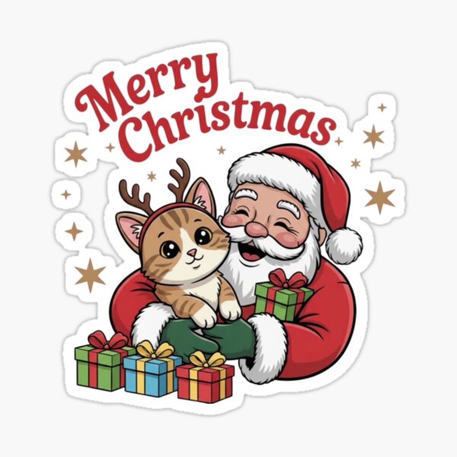 Merry Christmas Cat with Tree and Gifts
