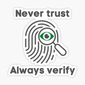 Never trust always verify. Fingerprint with eye inside magnifying glass