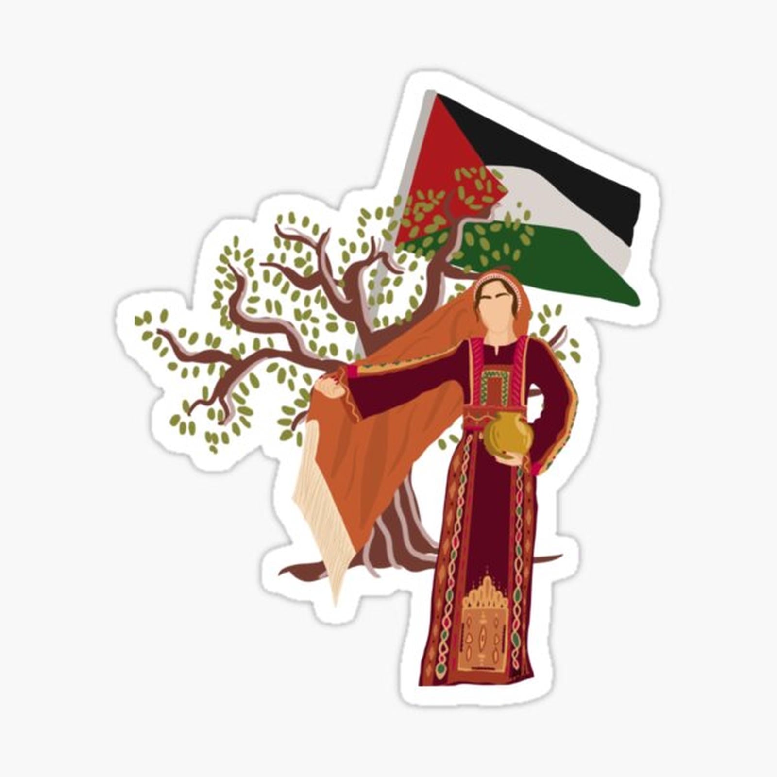 Palestine Flag and Olive Tree with Girl in Thobe