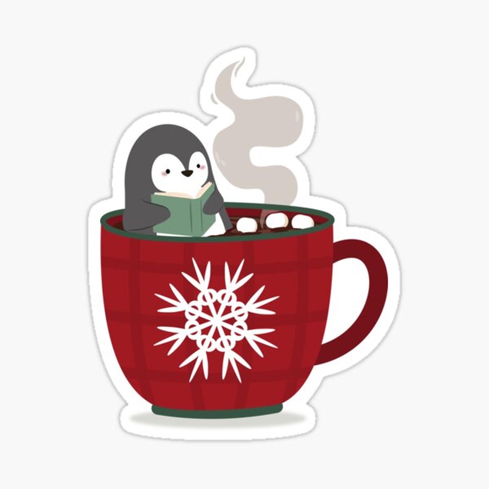 penguin reading in hot cocoa