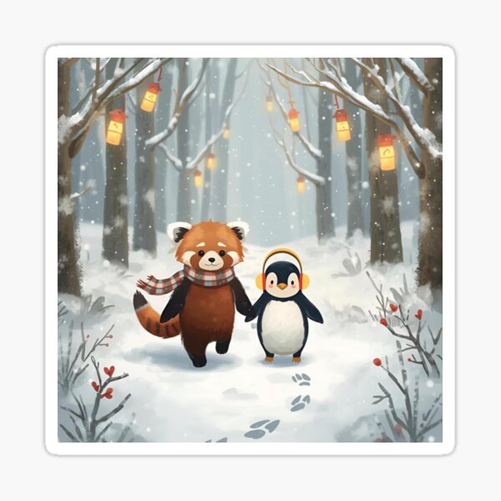 Red Panda & Penguin – Snowy Stroll Together