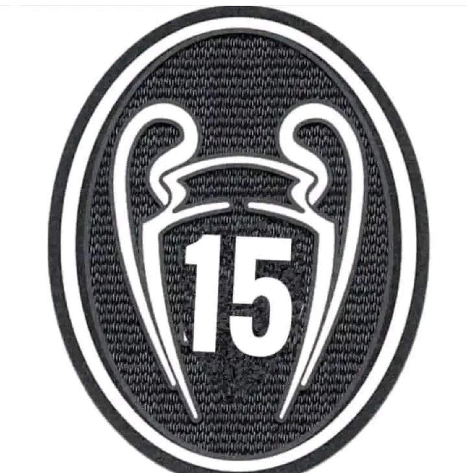 black and white patch with the number fifteen in it's center, surrounded