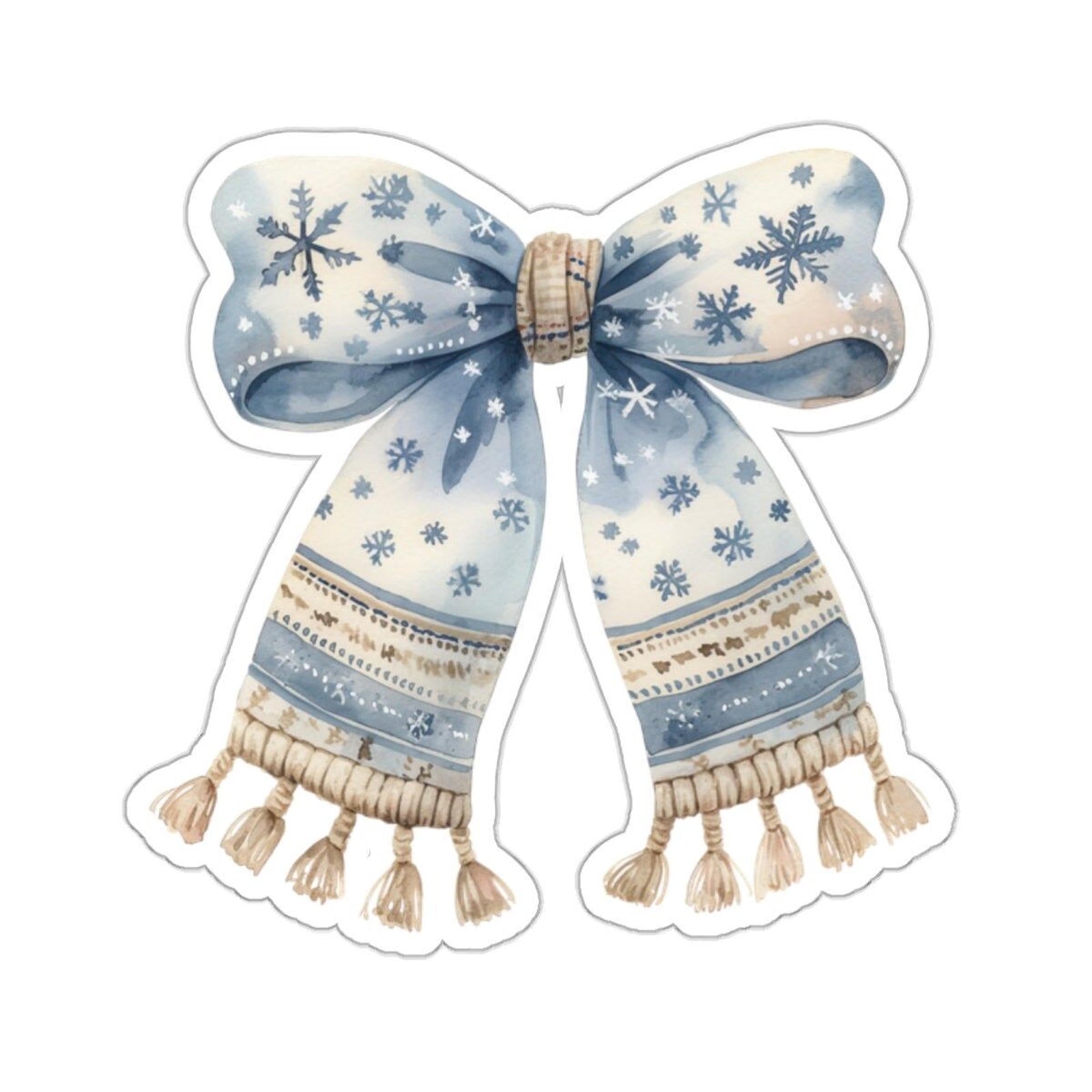 a blue and white bow with snowflakes on it
