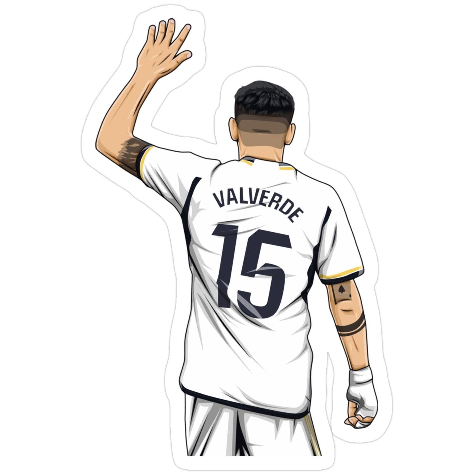 drawing of a male soccer player with his hand up in the air and wearing a white uniform