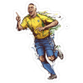 drawing of a soccer player running with the ball in his hand and wearing blue shorts