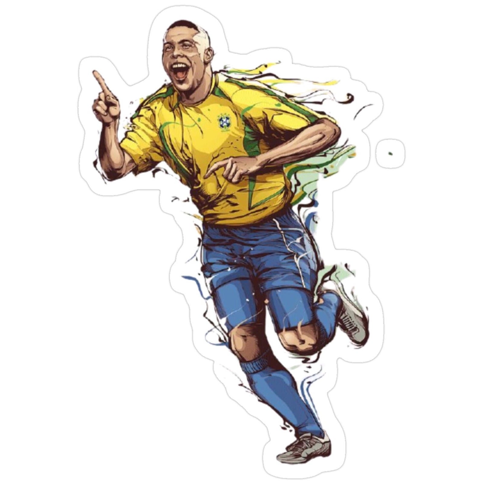 drawing of a soccer player running with the ball in his hand and wearing blue shorts