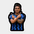 drawing of a soccer player with his hands in the air and pointing to the side