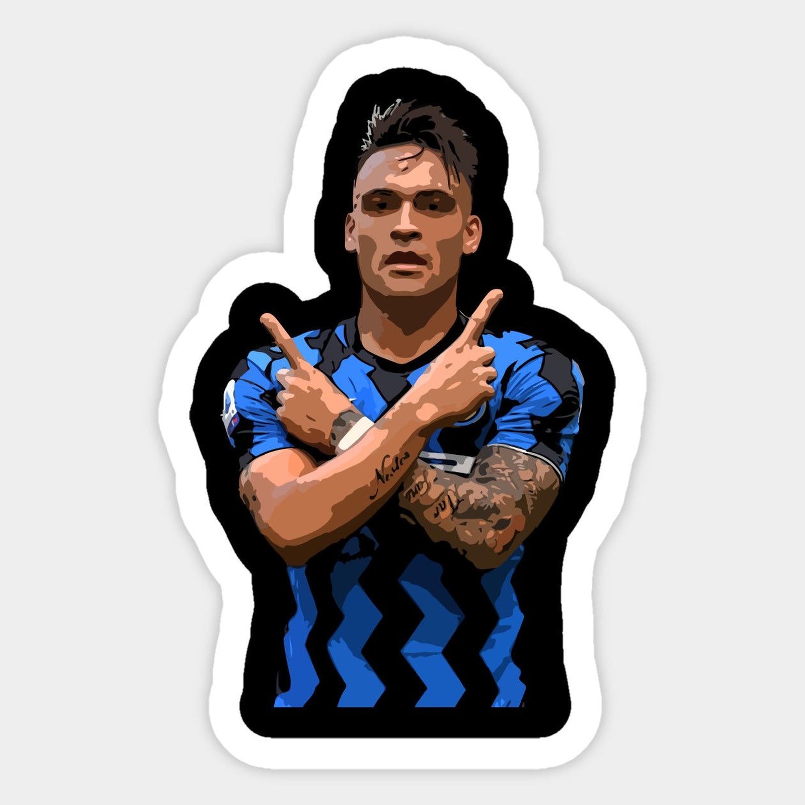 drawing of a soccer player with his hands in the air and pointing to the side