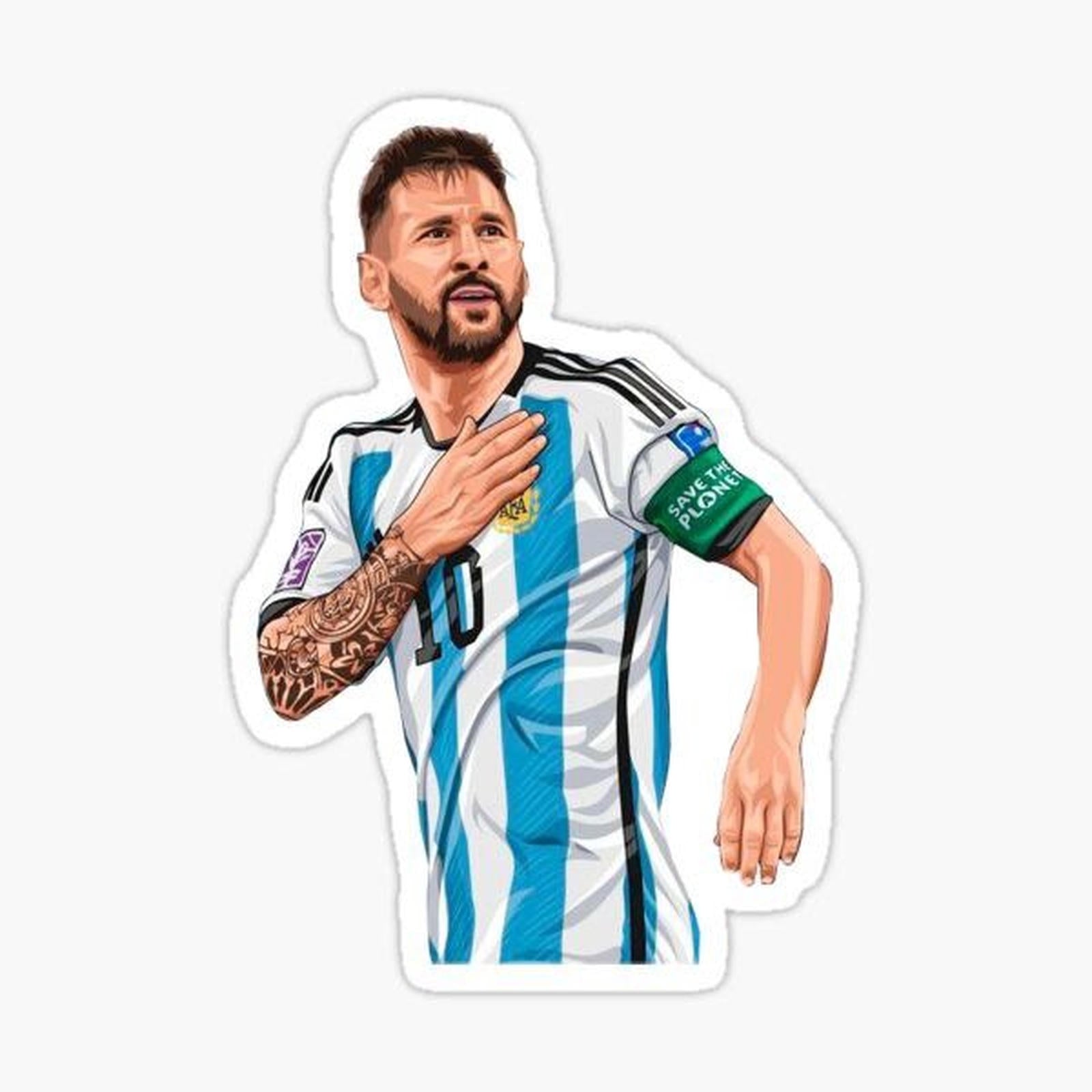 drawing of a soccer player with tattoos on his arm and chest, standing in front of a white background