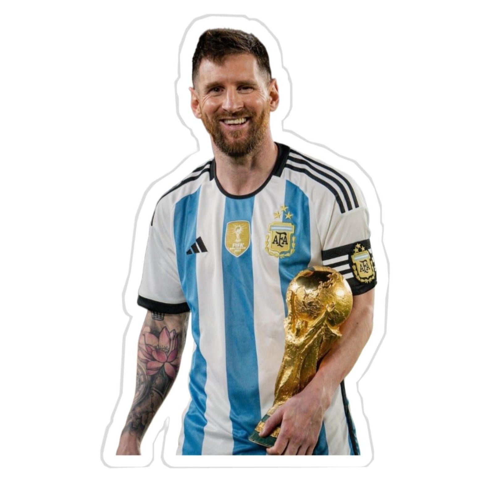 man holding a soccer ball and wearing a blue and white striped shirt with tattoos on his arm