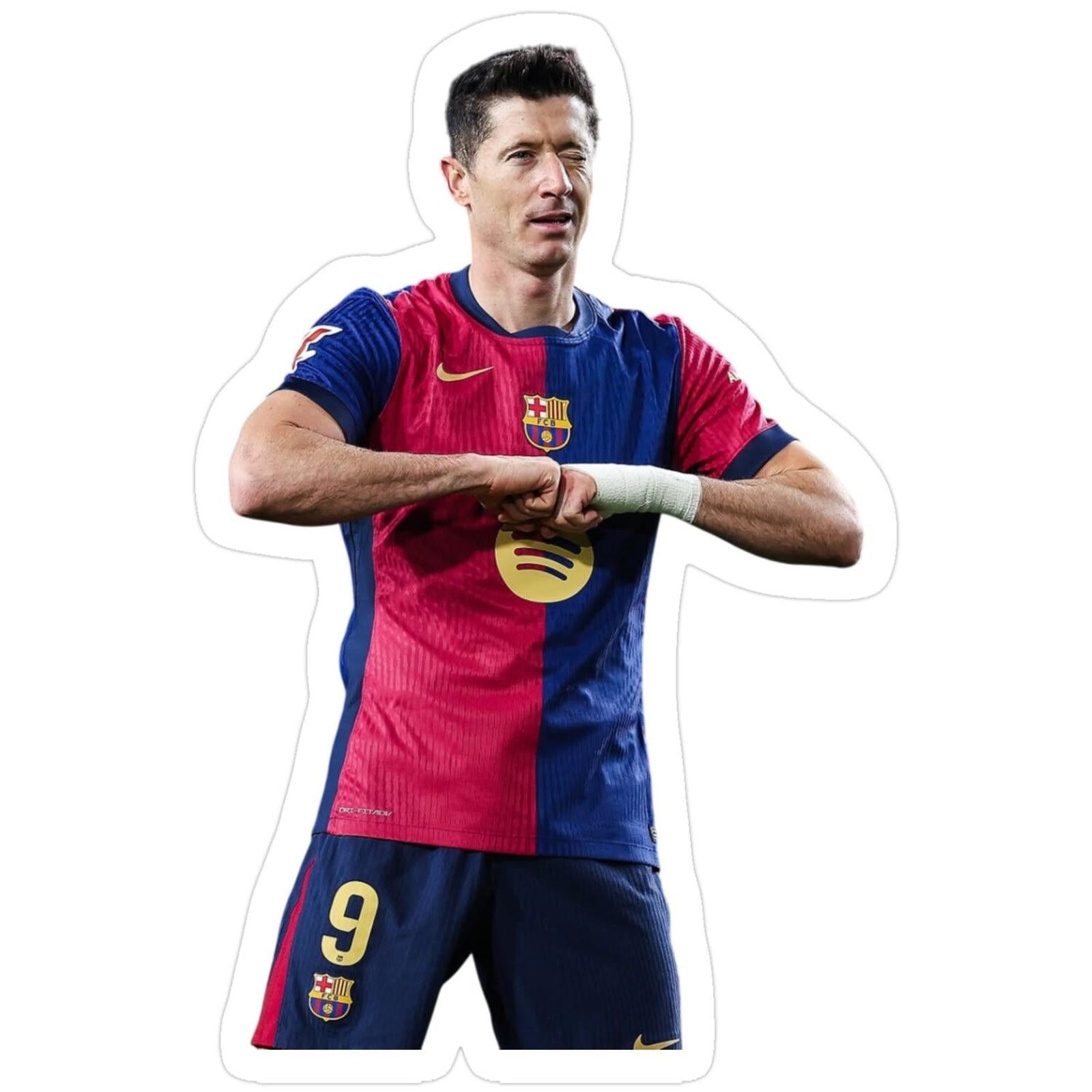 man holding a soccer ball in his right hand while wearing a blue and red uniform
