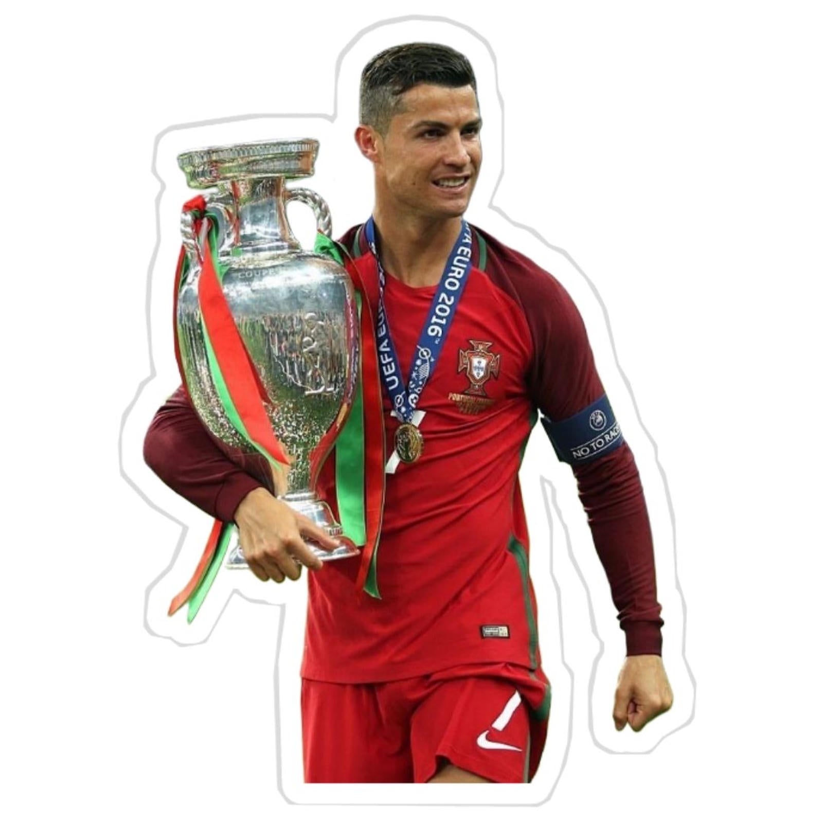 man holding a trophy and wearing a red shirt