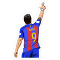 man in a blue and red shirt is holding his hand up to the sky
