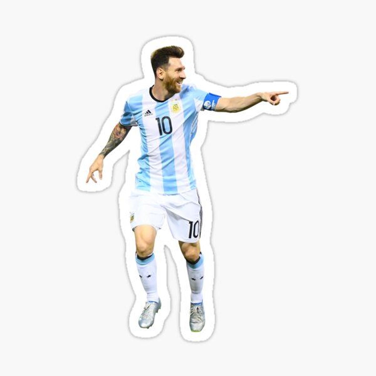 man in a blue and white soccer uniform pointing to the side with his right hand