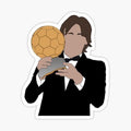 man in a tuxedo holding up a soccer ball and glove sticker