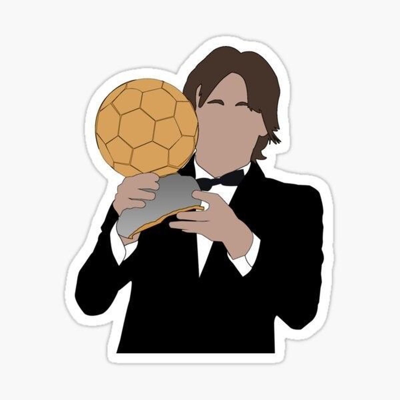 man in a tuxedo holding up a soccer ball and glove sticker