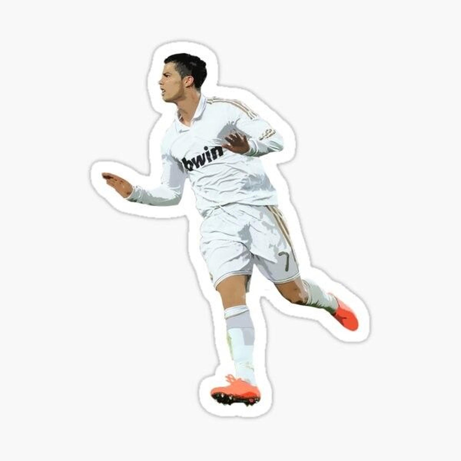 man in white soccer uniform kicking a soccer ball sticker on a white background
