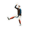 man kicking a soccer ball with his leg in the air while wearing a black and blue shirt