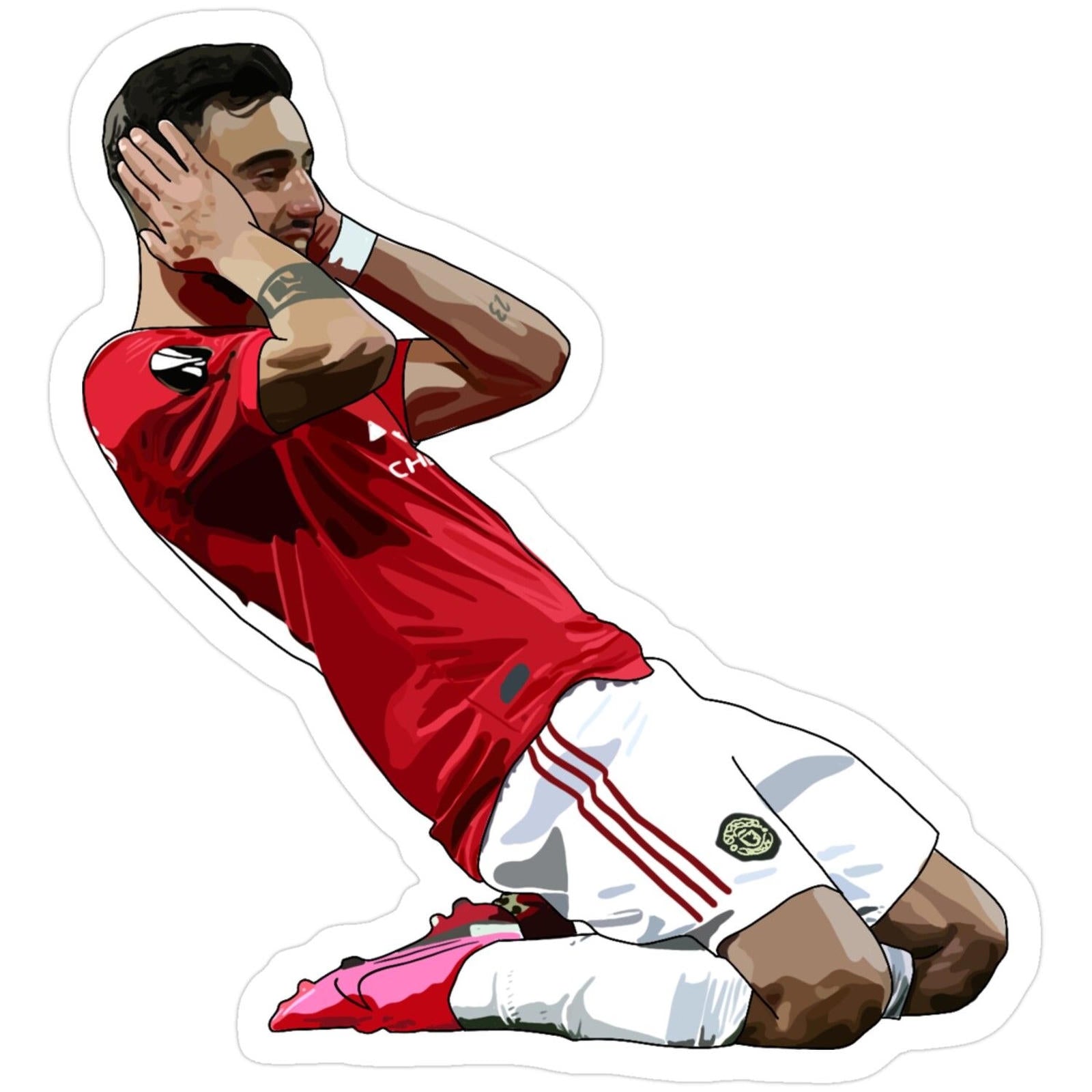 man sitting on the ground with his hand to his face and wearing a red shirt