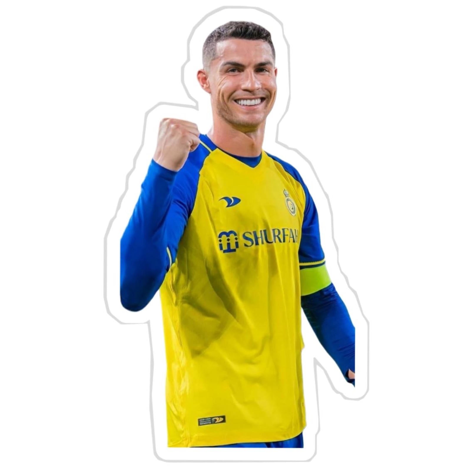 man wearing a yellow and blue soccer jersey with his fist up in the air