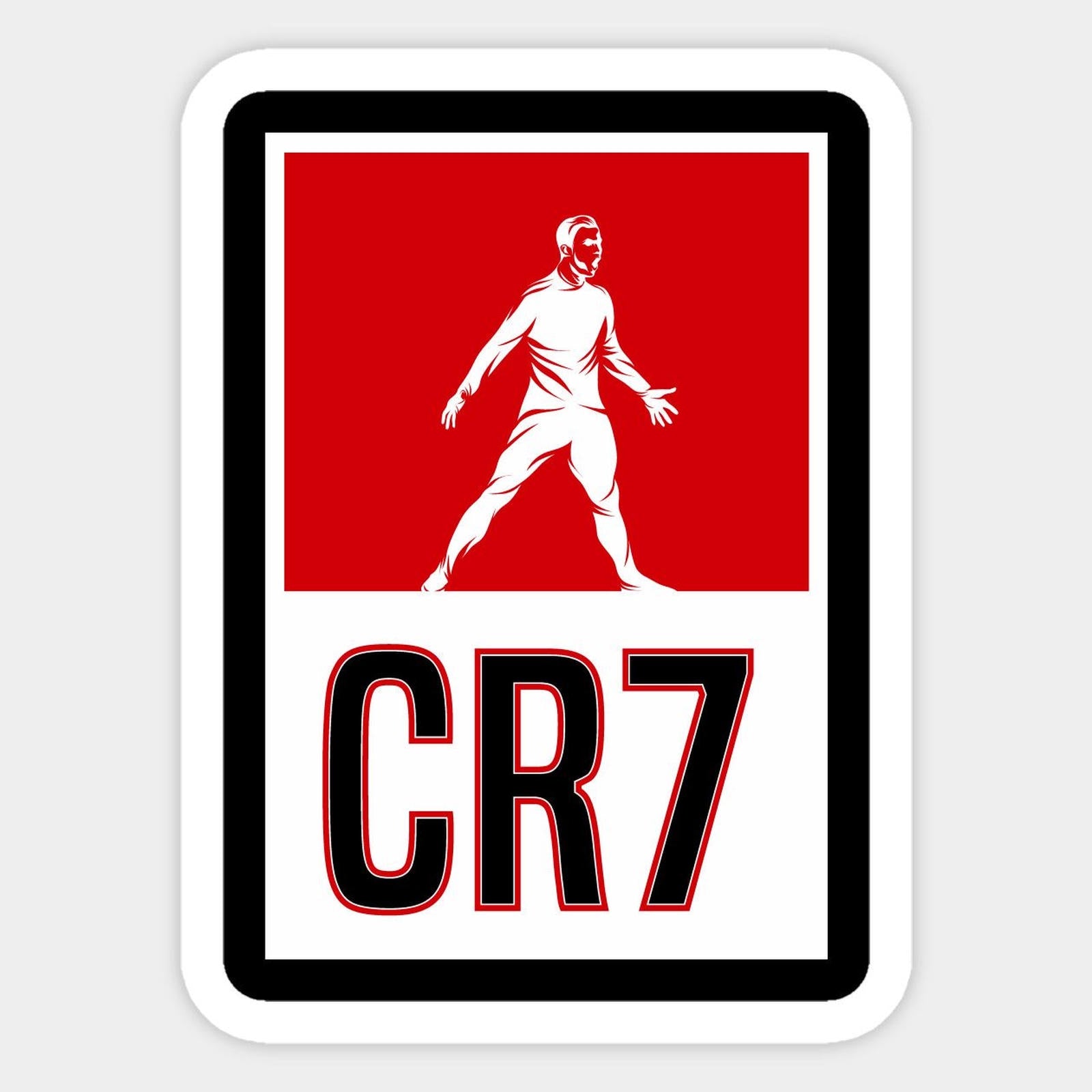 red and white sign with the words cr7 in it's center is an image of a man holding a tennis racquet