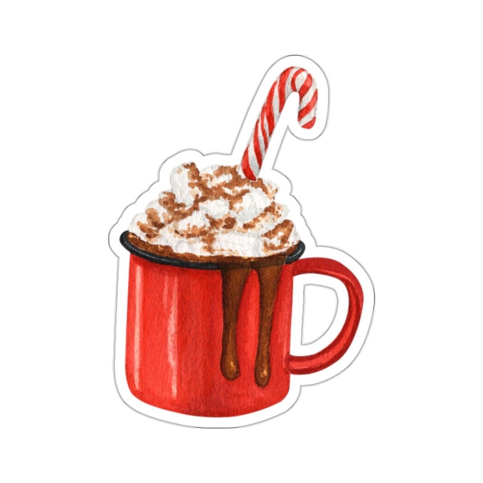 a red mug filled with hot chocolate and marshmallows on top of it