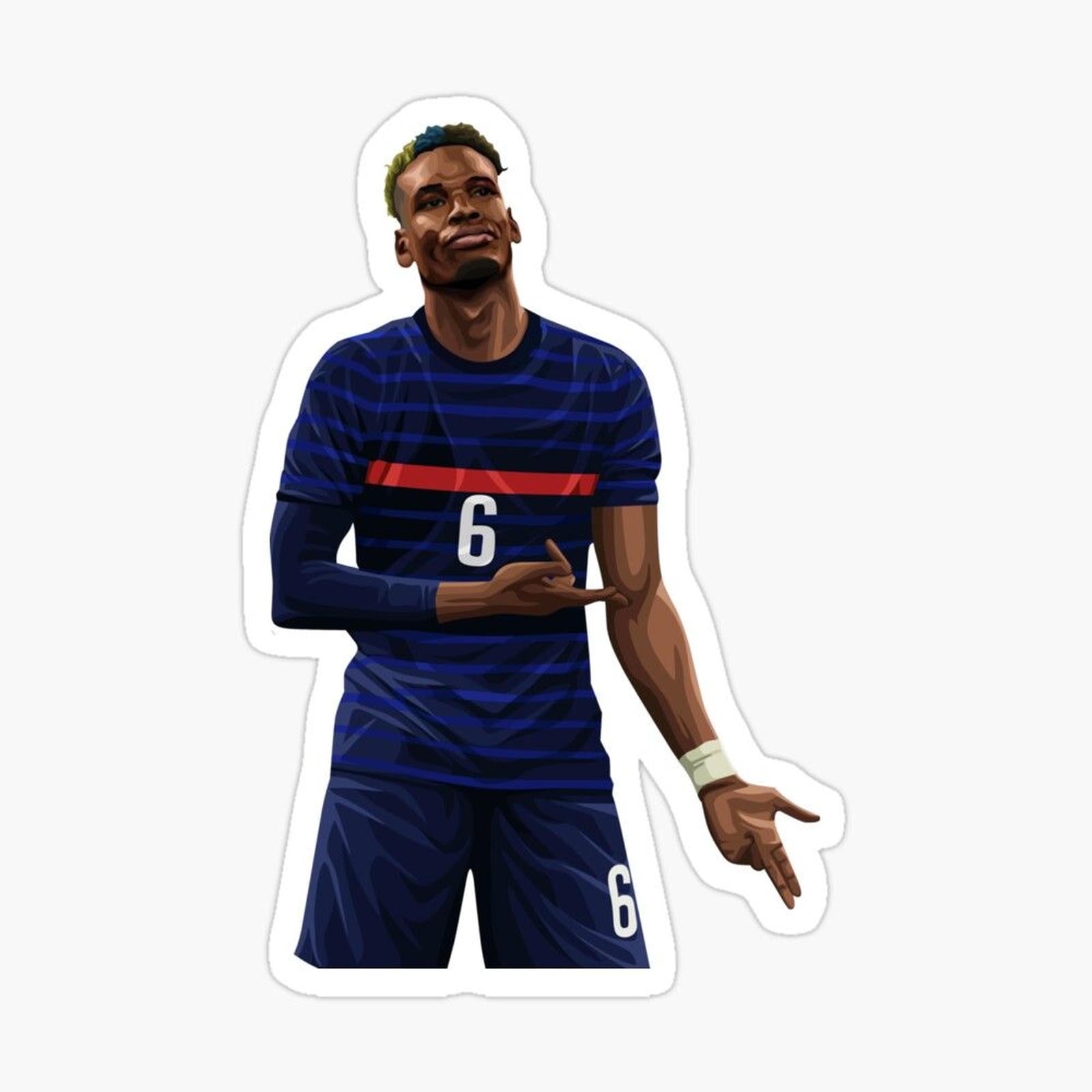 soccer player in blue and red uniform pointing to the side with his hand out