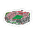 sticker depicting the inside of a soccer stadium with red seats and green field