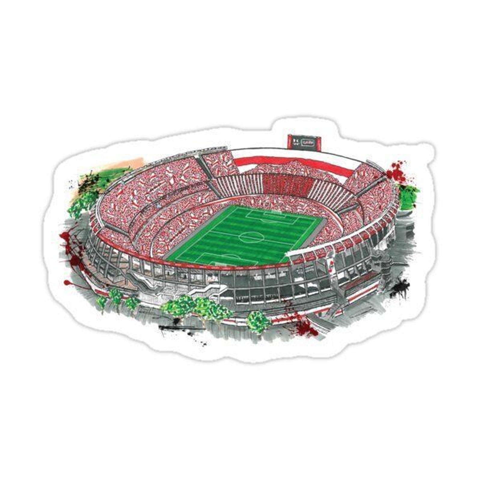 sticker depicting the inside of a soccer stadium with red seats and green field