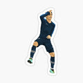 sticker of a soccer player with his arms up in the air and one foot on
