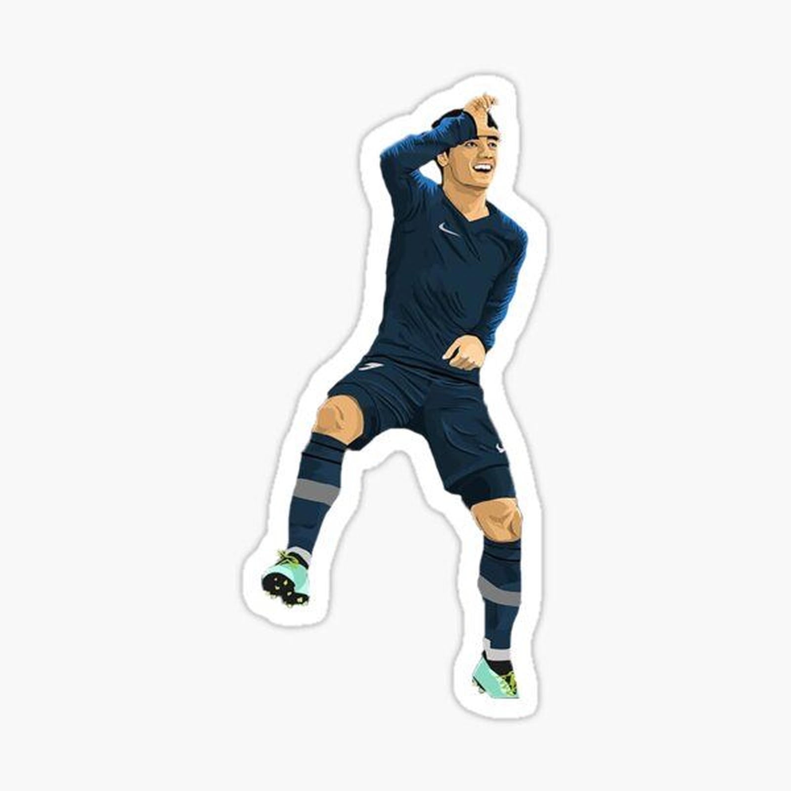 sticker of a soccer player with his arms up in the air and one foot on