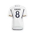 white soccer jersey with the number 8 on it and kroos's logo