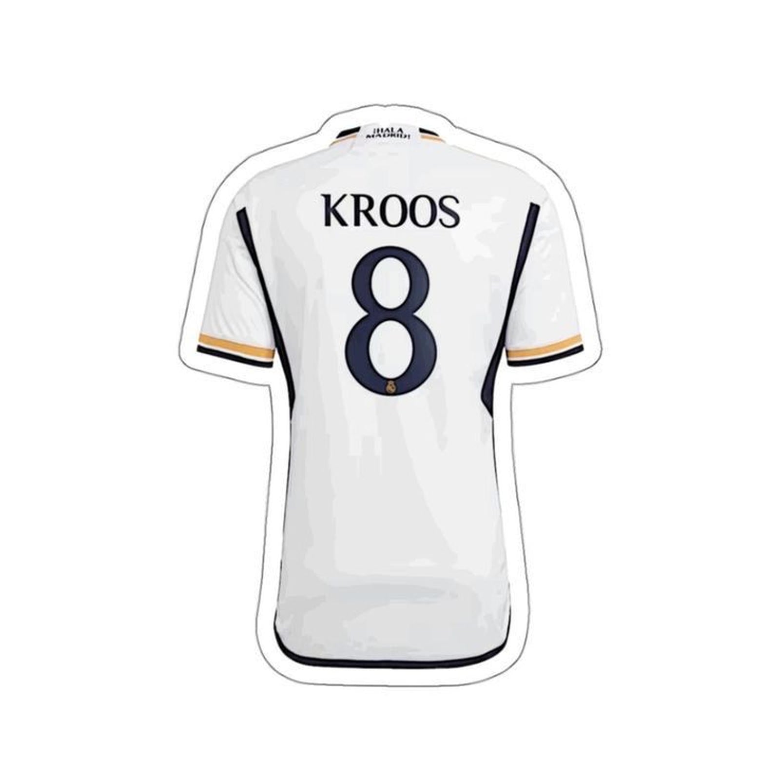 white soccer jersey with the number 8 on it and kroos's logo