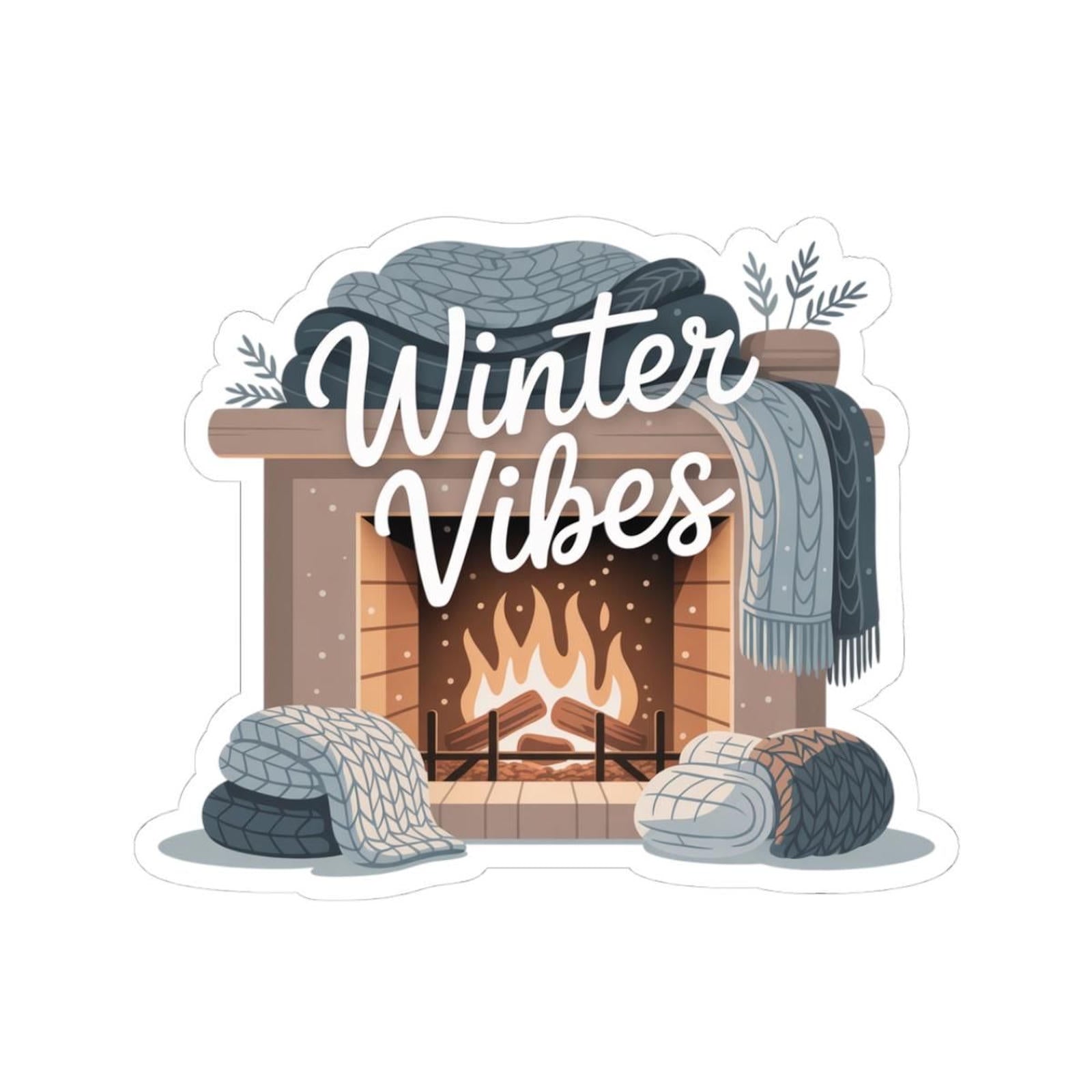 the winter vibes sticker is shown in front of a fireplace with blankets on it