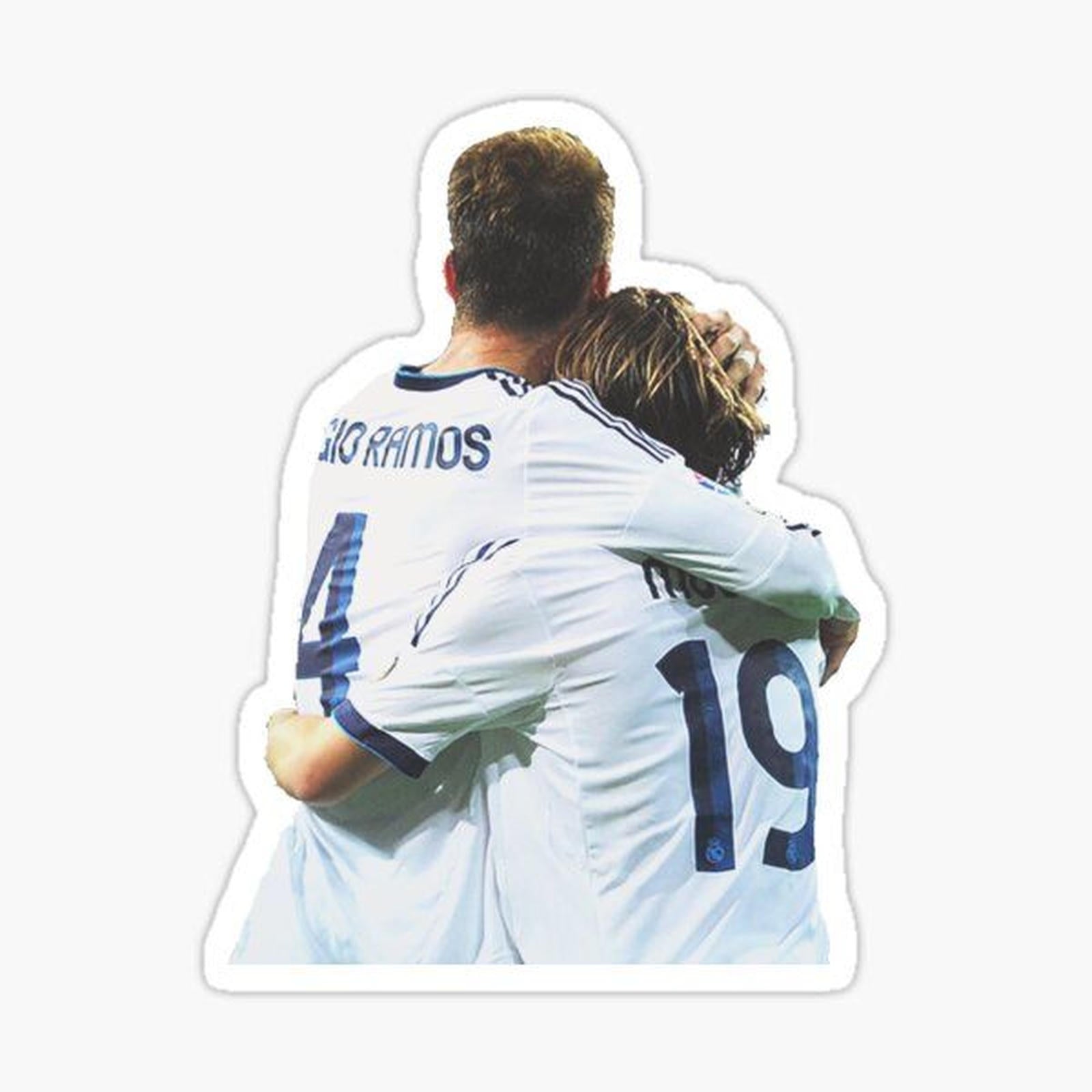 two soccer players hugging each other in front of a white background