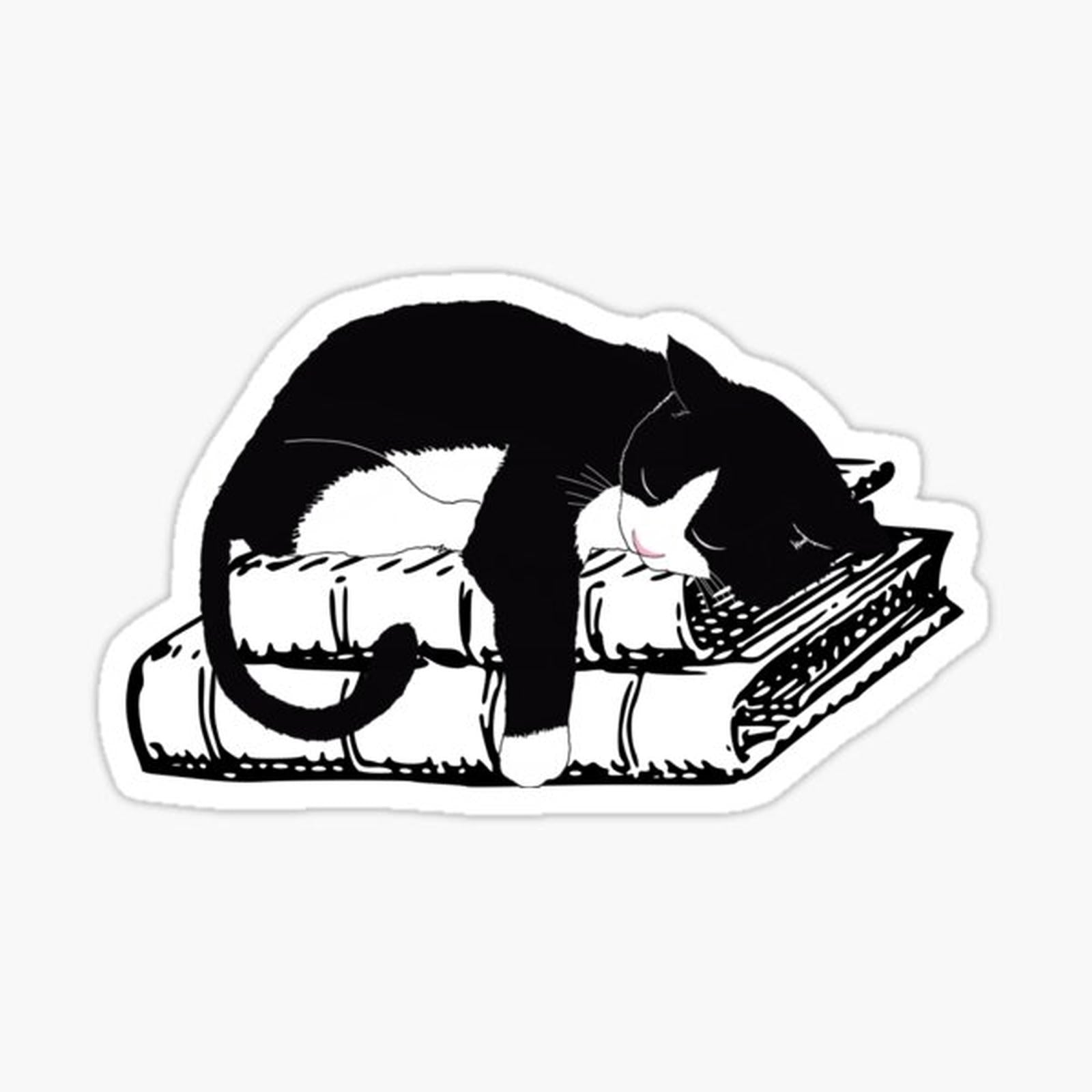 Tuxedo Cat Sleeping on Books - Realistic Cat Lover Sticker